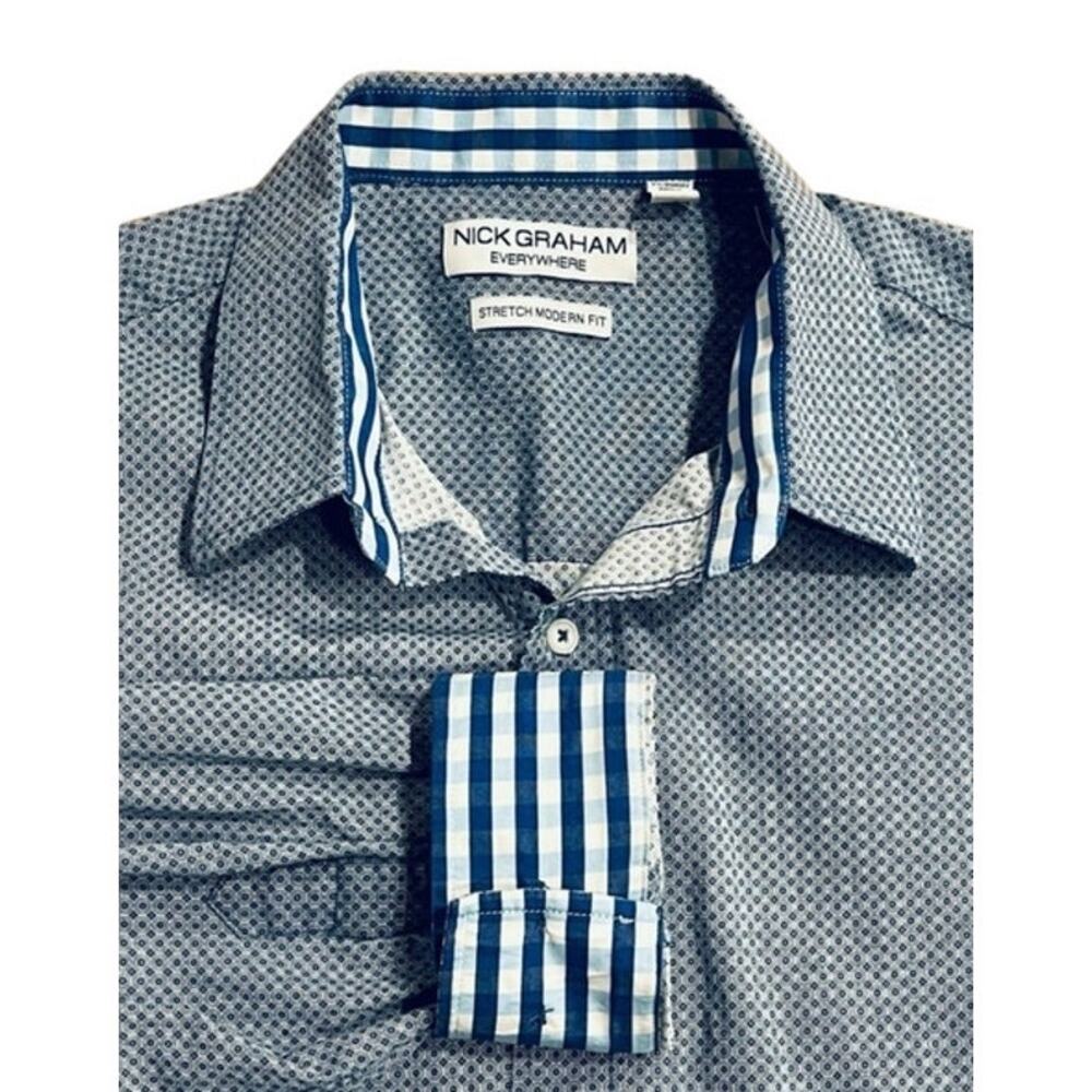 Nick‎ Graham Everywhere Stretch Modern Fit Blue & White Geometric Flip Cuff XL